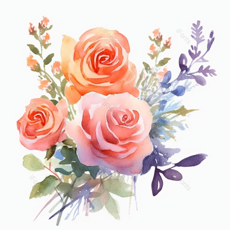 紫色叶子粉色玫瑰花束植物春天水彩画唯美插画,插画/手绘图,插画/手绘图库,插画/手绘图下载,插画/手绘